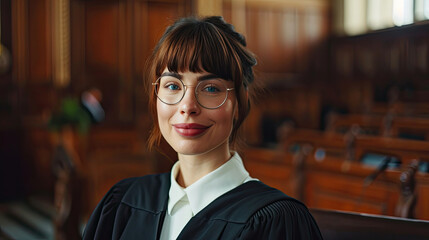 Cinematic Court of Law Trial: Portrait of Impartial Smiling Female Judge Looking at Camera. Wise, Incorruptible, Fair Justice Doing Her Job Professionally, Sentencing Criminals and Protecting Innocent - obrazy, fototapety, plakaty