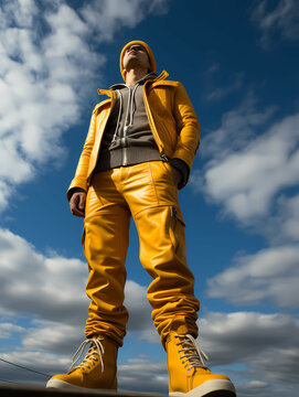 Young 30 Years Old Woman, A Man In Yellow Leather Pants And A Hoodie