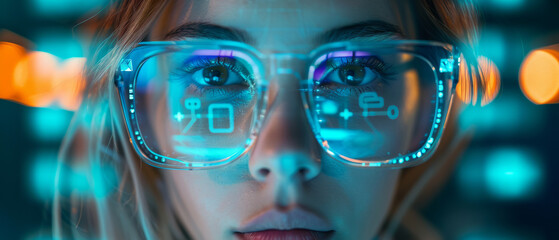 Portrait woman wearing high technology glasses with Data line icon on eyeglasses on woman's face, generative ai