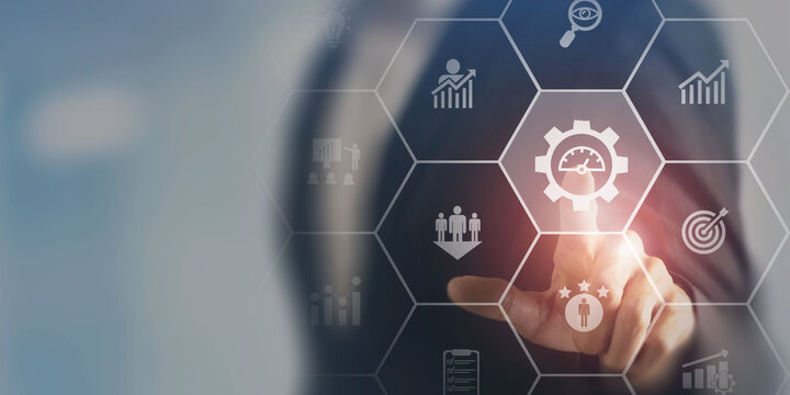 Performance management concept.  .Implementing effective strategies for improve employee engagement, productivity and overall business success. Setting goals, monitoring progress and evaluating.