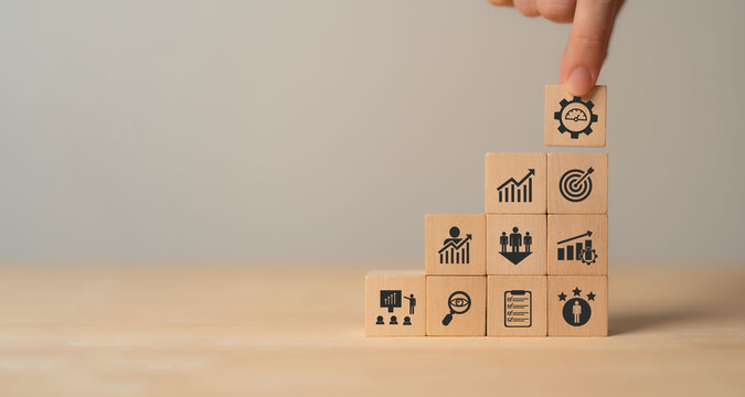 Performance management concept.  .Implementing effective strategies for improve employee engagement, productivity and overall business success. Setting goals, monitoring progress and evaluating.