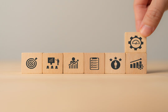 Performance management concept.  .Implementing effective strategies for improve employee engagement, productivity and overall business success. Setting goals, monitoring progress and evaluating.