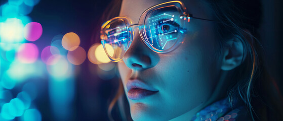 Portrait woman wearing high technology glasses with Data line icon on eyeglasses on woman's face, generative ai
