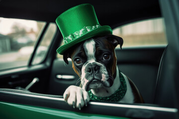 A dog, Boxer in a suit, a green leprechaun hat in the  green car in the city street decorated with a colorful parade, festival. St. Patrick's Day (Ireland)