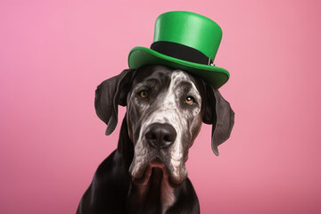 Happy dog, Great Dane in a suit of green leprechaun hat preparing for colorful parade, festival on pink background. St. Patrick's Day (Ireland) - obrazy, fototapety, plakaty