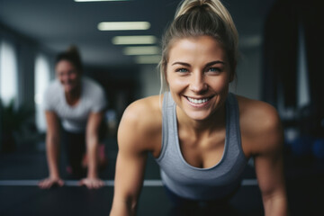 Fototapeta na wymiar Happy Female Trainer at Gym. Motivation and Joy in Fitness.