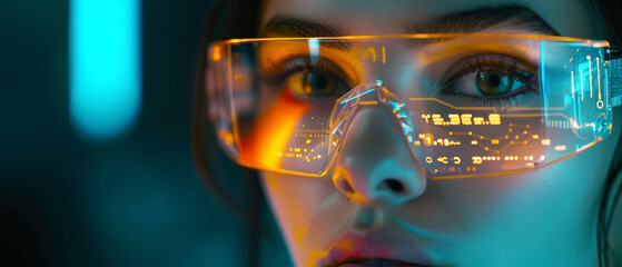 Portrait woman wearing high technology glasses with Data line icon on eyeglasses on woman's face, generative ai