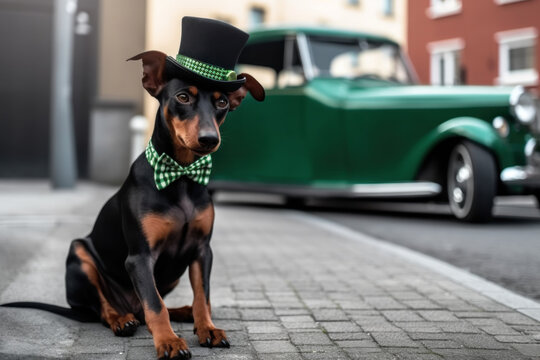 A dog, German Pinscher in a suit of green leprechaun hat on a city street decorated with a colorful parade, festival, car on the background, St. Patrick's Day (Ireland)