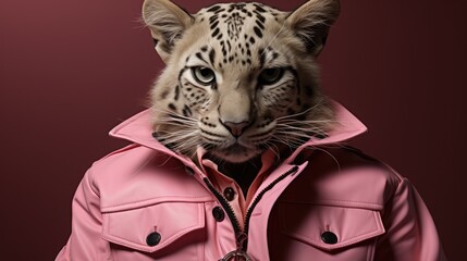 cat in pink coat wearing leopard animal print.