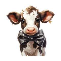 Spotty cow wearing big bow around neck