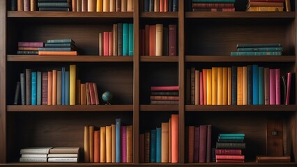 Wooden bookshelf full of vibrant colorful books from Generative AI