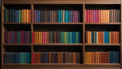 Wooden bookshelf full of vibrant rainbow colored books from Generative AI