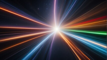 Fototapeta na wymiar A background of light speed, hyperspace, and space warp, with vibrant streaks of rainbow colored light converging from Generative AI