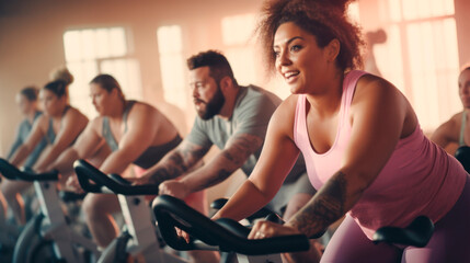 Black full woman with bright smile rides bike at fitness center, leading a group in a spinning class. Group fitness class. Losing weight and healthy lifestyle. Motivation and overcoming yourself
