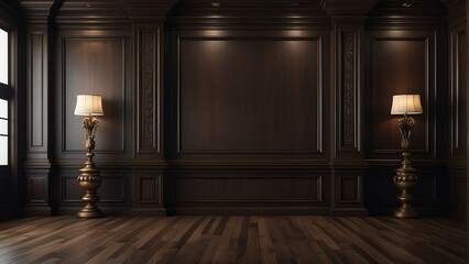 Crafted symmetrical traditional dark wood paneling wall and floor with a classic premium vintage luxury texture on a frame from Generative AI