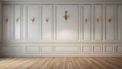 Crafted symmetrical traditional white wood paneling wall and floor with a classic premium vintage luxury texture on a frame from Generative AI