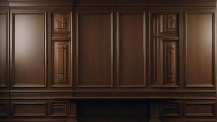 Crafted symmetrical traditional wood paneling wall with a classic premium vintage luxury texture on a frame and column from Generative AI