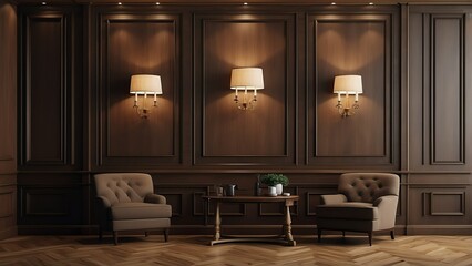 Crafted symmetrical traditional wood paneling wall with a classic premium vintage luxury texture on a frame and column from Generative AI
