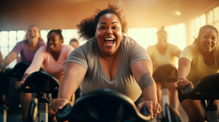 Fototapeta na wymiar Black full woman with bright smile rides bike at fitness center, leading a group in a spinning class. Group fitness class. Losing weight and healthy lifestyle. Motivation and overcoming yourself