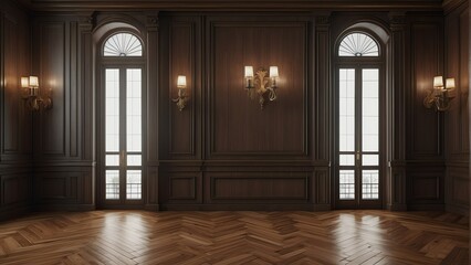 Crafted traditional wood paneling wall and floor with a classic premium vintage luxury texture on a frame and column pattern from Generative AI