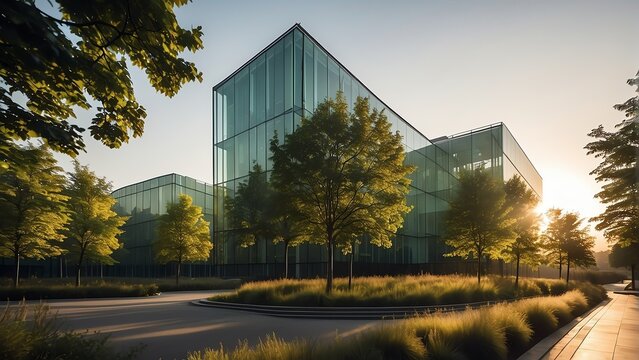 Contemporary urban eco-friendly structure, the sustainable office building with trees green corporate environment at sunset from Generative AI