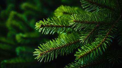 Fototapeta na wymiar green pine tree brunch , fern leaves on dark background