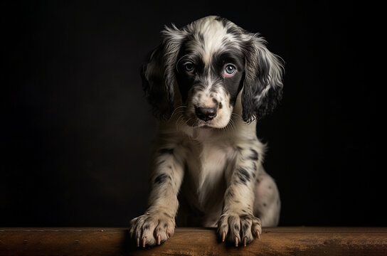 small English Setter puppy in a dark room
