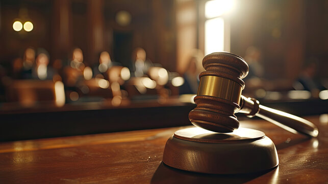 Court of Law and Justice Trial Session: Impartial Honorable Judge Pronouncing Sentence, striking Gavel. Focus on Mallet, Hammer. Cinematic Shot of Dramatic Not Guilty Verdict. Close-up Shot.