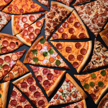 fondo con detalle y textura de multitud de porciones de pizza de diferentes sabores e ingredientes
