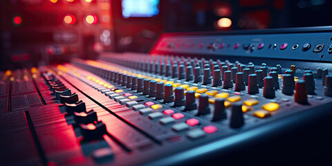 close up of the sound board inside a recording studio, Equalizer of mixing console,  - obrazy, fototapety, plakaty