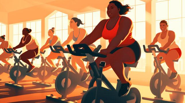 Diverse group of full illustrated people energetically cycling in spinning class on light background fitness gym. Group fitness classes. Bodypositive. Cardio exercises