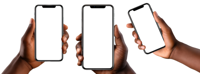 Set of mobile phones in hands of African American men, cut out