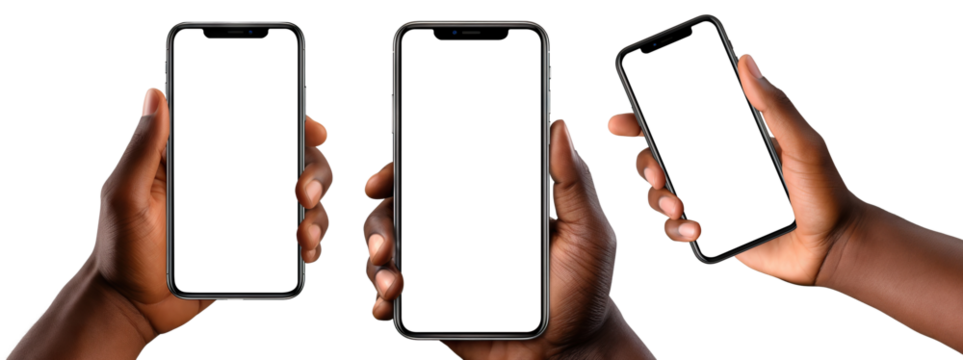 Set of mobile phones in hands of African American men, cut out