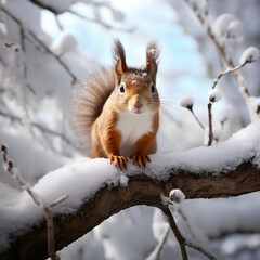 fotografia con detalle de simpatica ardilla sobre la rama de un arbol con paisaje nevado