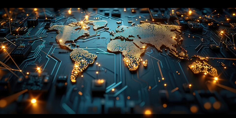 Fototapeta premium This close-up image shows a detailed world map on a computer board. Suitable for technology, global communication, online connectivity, digital networking, international business, and virtual travel c