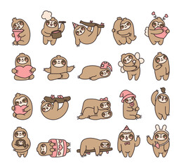 Cute kawaii sloth character. Cartoon funny wild animal. Hand drawn style. Vector drawing. Collection of design elements. © palau83