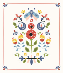 Folk hygge ready to use vector print in Scandinavian style, folkloric isolated design on white. Composition with classic ethnic elements. Scandi motifs - mirror reflected moth, leaves, flowers