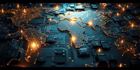 This close-up image shows a detailed world map on a computer board. Suitable for technology, global communication, online connectivity, digital networking, international business, and virtual travel c