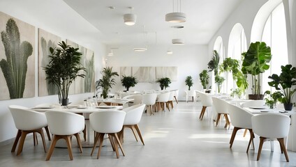 modern gallery, restaurant, 1950, white interior, plants, concrete, wood, modern art, carpet, velvet, retro. generative AI 
