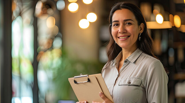 Middle age hispanic woman smiling confident holding clipboard at office