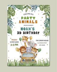 Birthday invitation safari theme watercolor template background © Yuni