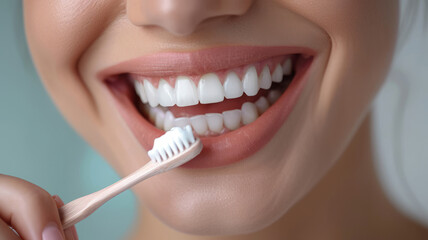 Fototapeta premium beautiful mouth of woman with hand holding brush brushing, young woman brushing her teeth with a toothbrush isolated on white background.generative ai