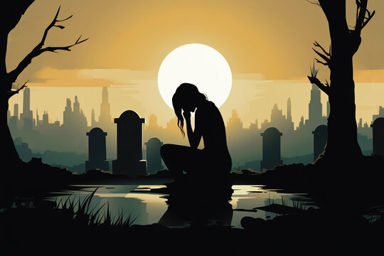 Illustration of unrecognizable sad female silhouette crying and suffering by death of her partner sitting near to a graveyard with tombstones. Concept of mourning and loss due to death loved one.