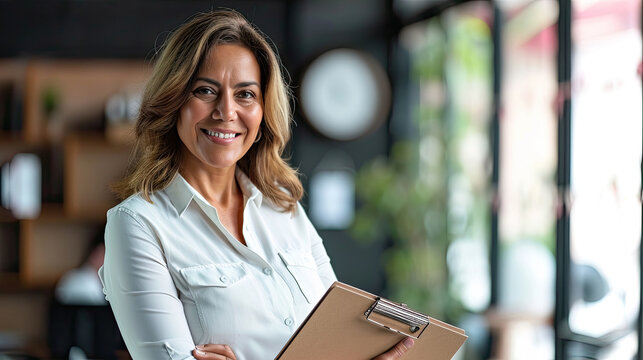 Middle Age Hispanic Woman Smiling Confident Holding Clipboard At Office