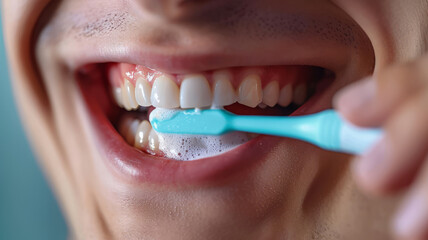 beautiful mouth of man with hand holding brush brushing, young man brushing him teeth with a toothbrush isolated on white background.generative ai