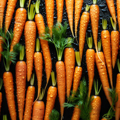 Fondo con detalle y textura de multitud de zanahorias con hojas verdes, sobre fondo negro
