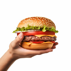 fotografia con detalle de mano sujetando un bocadillo de hamburguesa sobre fondo blanco