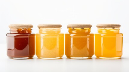 Close-up of four glass jars with different varieties of honey on a white background with a copy space.