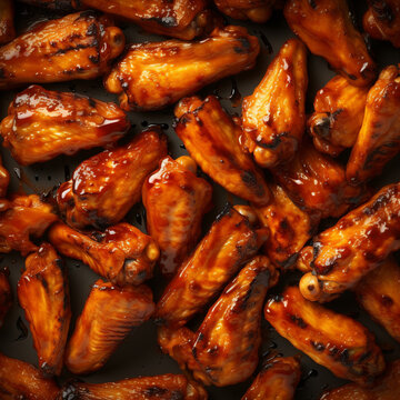 fondo con detalle y textura de multitud de alitas de pollo a la parilla, sobre fondo negro