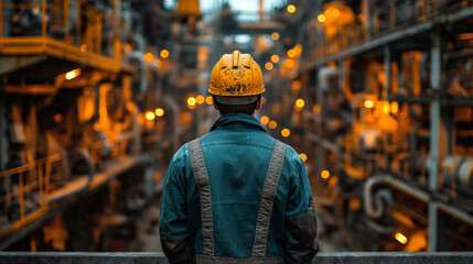 Fototapeta premium Engineer supervisor stands contemplatively with a hard hat, overseeing the busy operations of a bustling industrial facility.